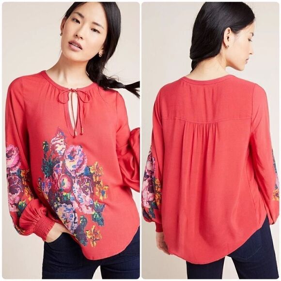 Anthropologie Monica Red Floral Embroidered Top| Size S - Picture 2 of 10